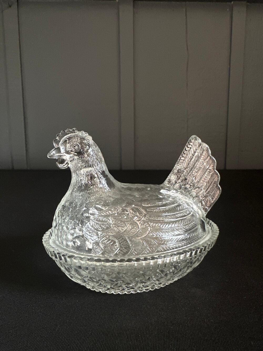 Vintage Imperial Hen on Nest Clear Pressed Glass Trinket Dish Chicken Decor 4in